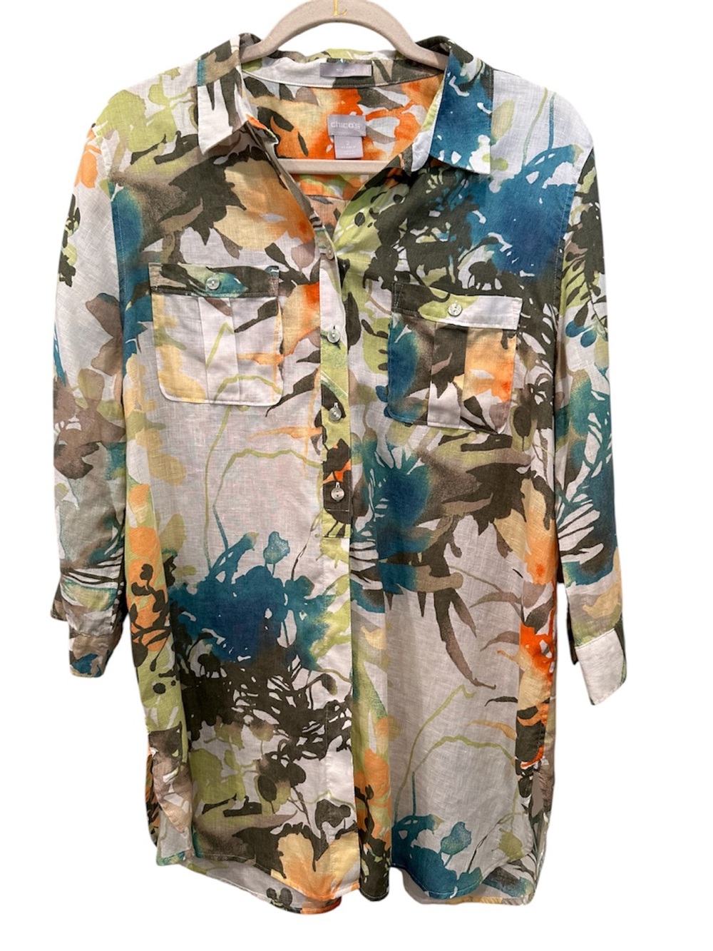 Linen No Iron Multicolor Abstract Floral Button-Down Top Tunic Beach Sz L